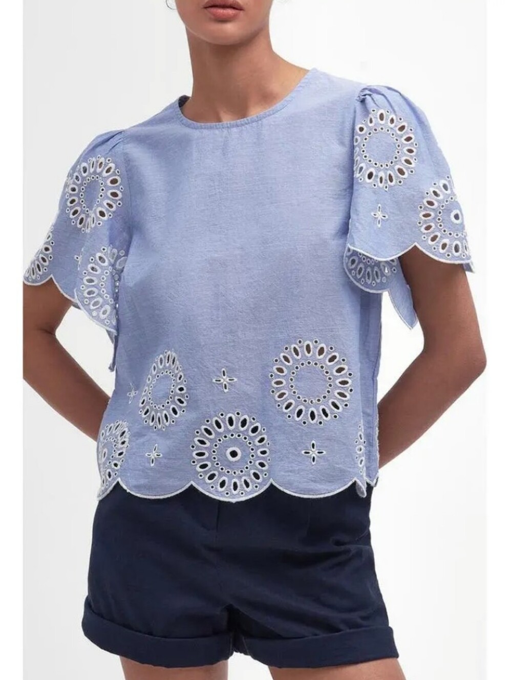 Barbour Juliette Eyelet Scallop Hem Short Sleeve Top - Light Blue Mist Msrp $120
